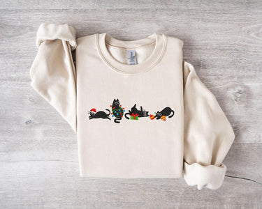 Christmas Cute Cat Embroidered Sweatshirt | Embroidered Funny Christmas Hoodie |Christmas Cute Cat Sweater | Cat Lover Crew Neck Sweatshirt